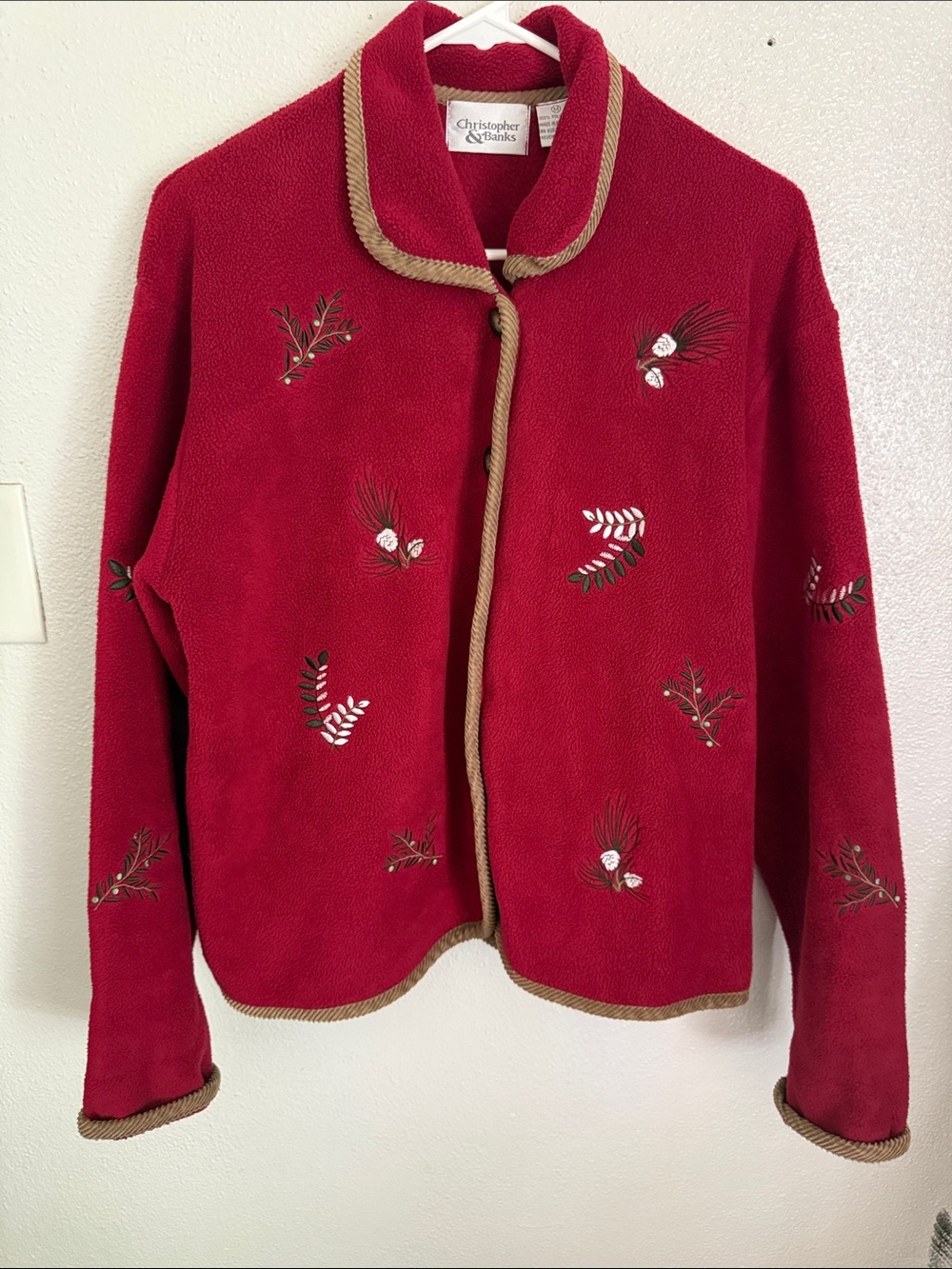 Vintage Christmas Christopher & Banks Red Embroidered Teddy Jacket with Tan Trim